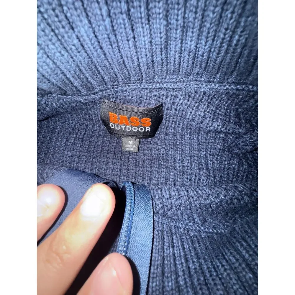 Bass Outdoor Mens M Quarter Zip Waffle Knit Sweater Pullover Navy Blue Pocket